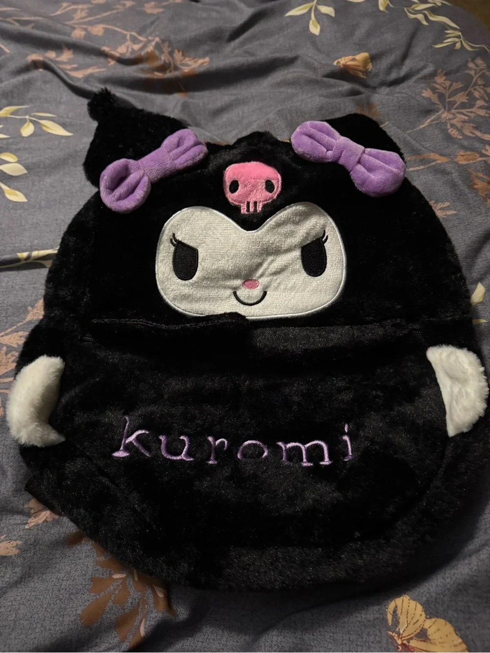 Kuromi Black Plush Backpack with Purple Accents